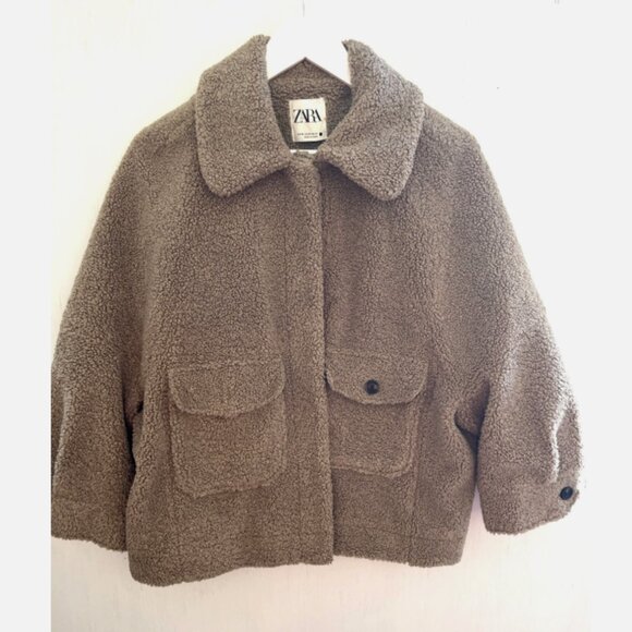 ZARA Taupe Oversized Teddy BearJacket Pockets Button Pleat Cuffs Lined Size XS - Picture 1 of 5